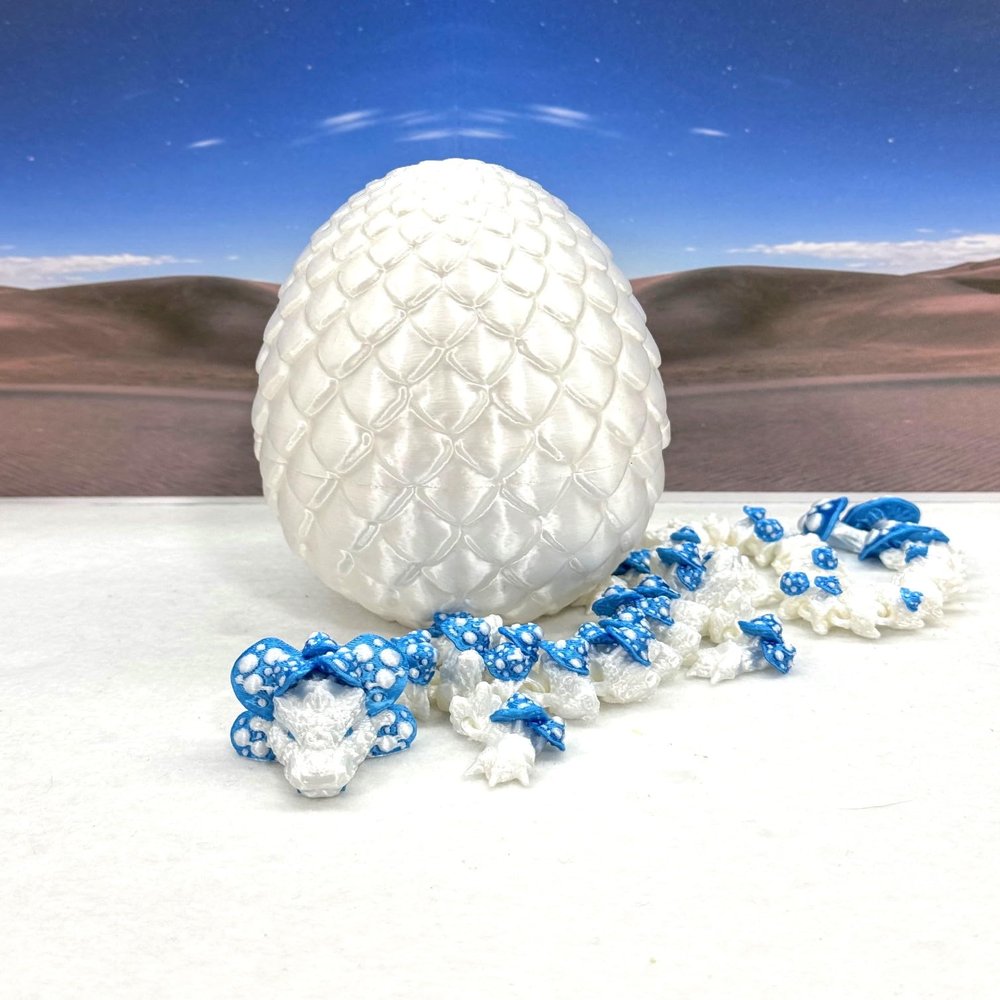 3D Printed Dragon with Dragon Egg, Articulated White and Blue Mushroom Dragon, Fidget ADHD Autism Toy D046-WB