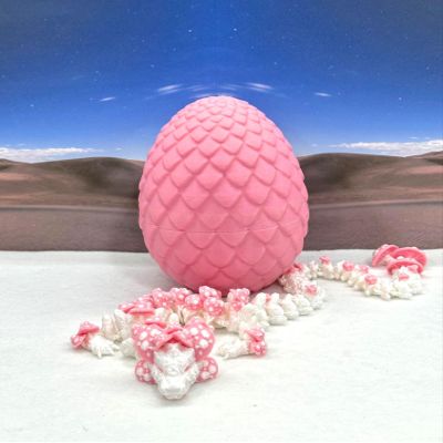 3D Printed Mushroom Dragon with Dragon Egg, Articulated Dragon, 12 Inches White and Pink Mushroom Dragon, Fidget ADHD Autism Toy D046-WP-PE