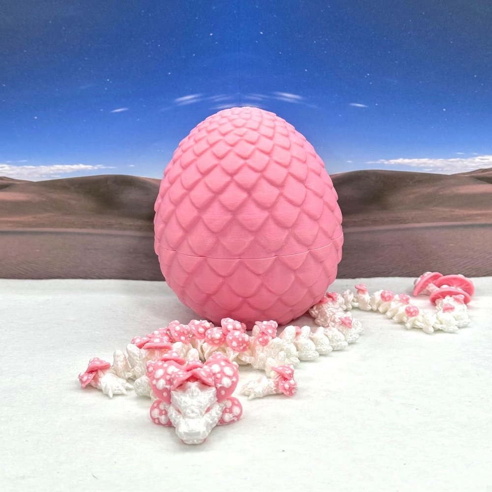 3D Printed Mushroom Dragon with Dragon Egg, Articulated Dragon, 12 Inches White and Pink Mushroom Dragon, Fidget ADHD Autism Toy D046-WP-PE