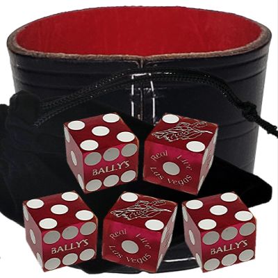 Authentic Casino Dice w/Pouch + Genuine Leather Cup Wide Opening (Red Felt Lining, Las Vegas Bally's Purple Frosted)