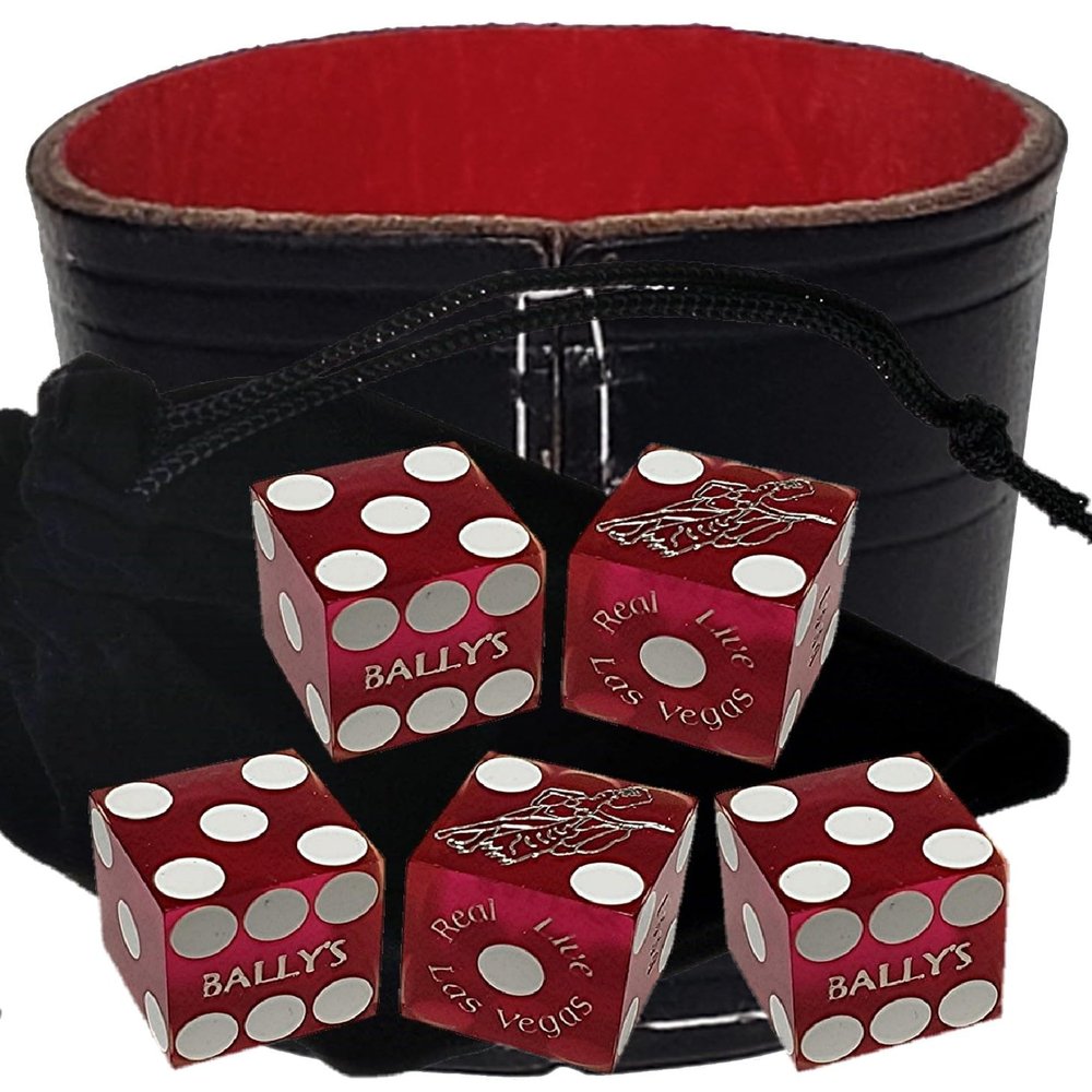 Authentic Casino Dice w/Pouch + Genuine Leather Cup Wide Opening (Red Felt Lining, Las Vegas Bally's Purple Frosted)