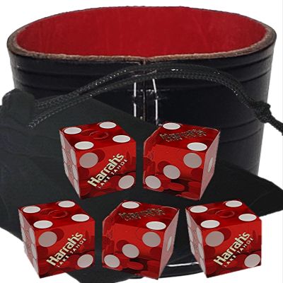 Authentic Casino Dice w/Pouch + Genuine Leather Cup Wide Opening (Red Felt Lining, Lake Tahoe Harrah's Red Polished)