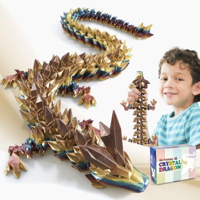 meturebear Large 3D Printed Dragon,30 Inch 3D Dragon Toys,Bigger Fidget Crystal Animals Toys, 3D Printed Articulated Animals for Home Office Car Desk Decor(Khaki Gold, 30 inch)