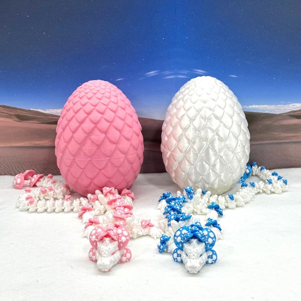 2pcs 3D Printed Dragons with Dragon Egg, Articulated White and Pink, White and Blue Mushroom Dragons, Fidget ADHD Autism Toy D046WP-D046WB
