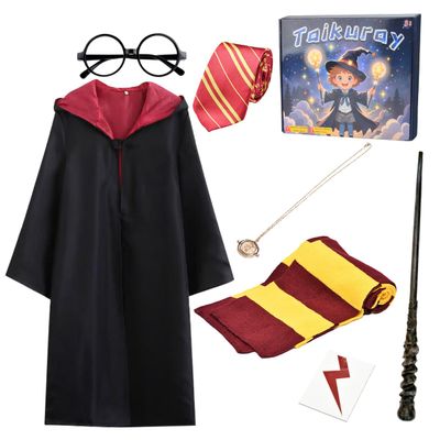 Taikuray Wizard Cosplay Costume Complete Props Accessories Gifts for Birthday Party Magic Robe Magic Wand Eyeglass Frame Knit Scarf Tie Necklace Set9-10 years