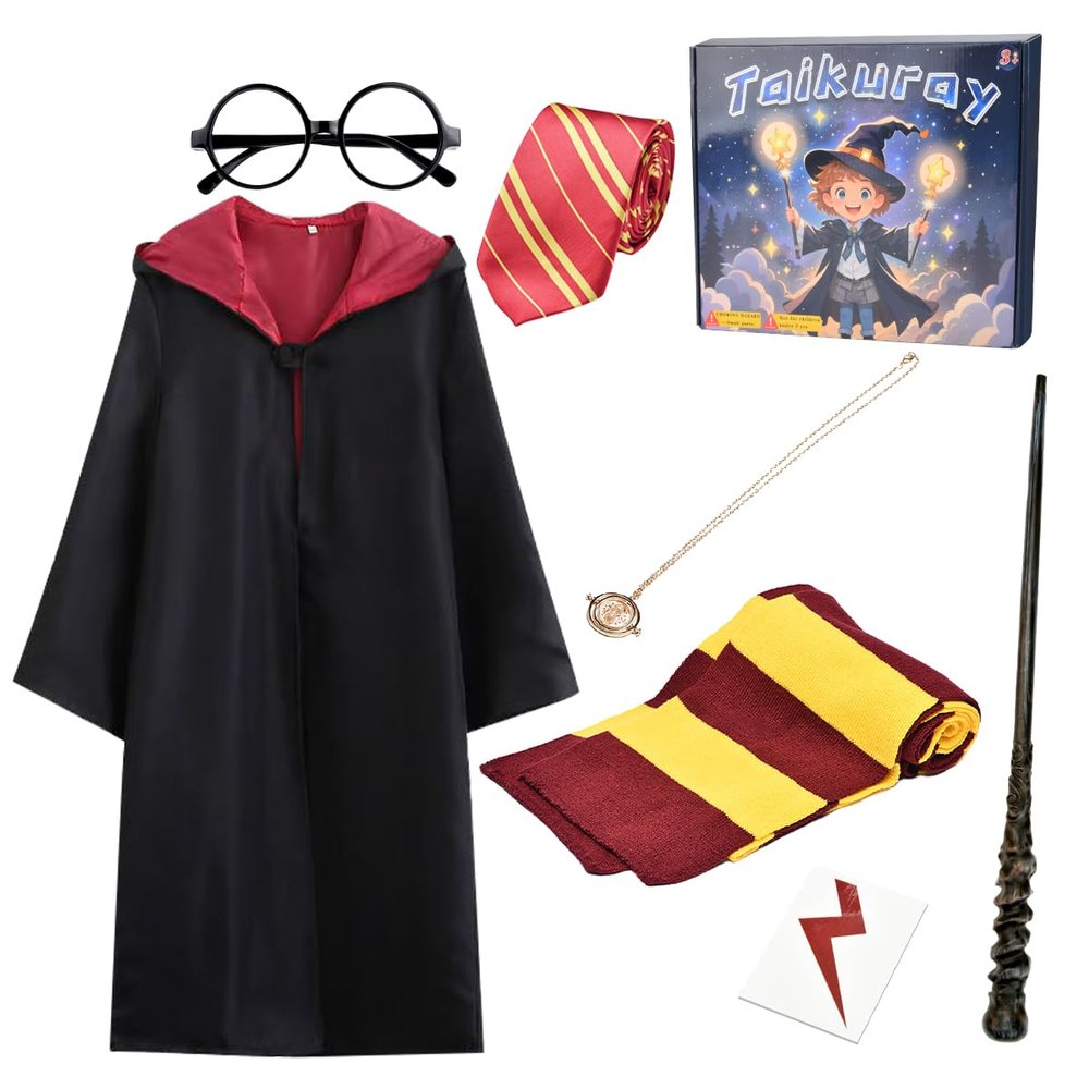 Taikuray Wizard Cosplay Costume Complete Props Accessories Gifts for Birthday Party Magic Robe Magic Wand Eyeglass Frame Knit Scarf Tie Necklace Set9-10 years