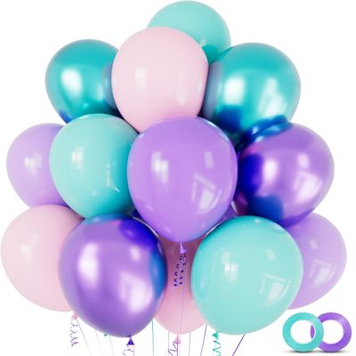 100pcs Mermaid Balloons 12 inch Purple Pink Teal Balloons Set Metallic Purple Latex Balloon for Girls Birthday Baby Shower Mermaid Party Decorations