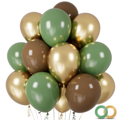 100pcs Green and Brown Balloons 12 Inch Sage Green Brown Metallic Gold Latex Balloon Safari Balloons for Jungle Forest Baby Shower Birthday Party Decorations