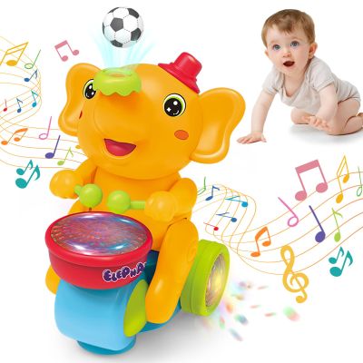 ARHEQI Baby Elephant Musical Crawling Toy with Lights, Sounds, Blowing Ball, Infant Sensory Toys, Birthday Gifts for Kids Boy Girl 3 4 5 6 7 8 Years (Yellow)