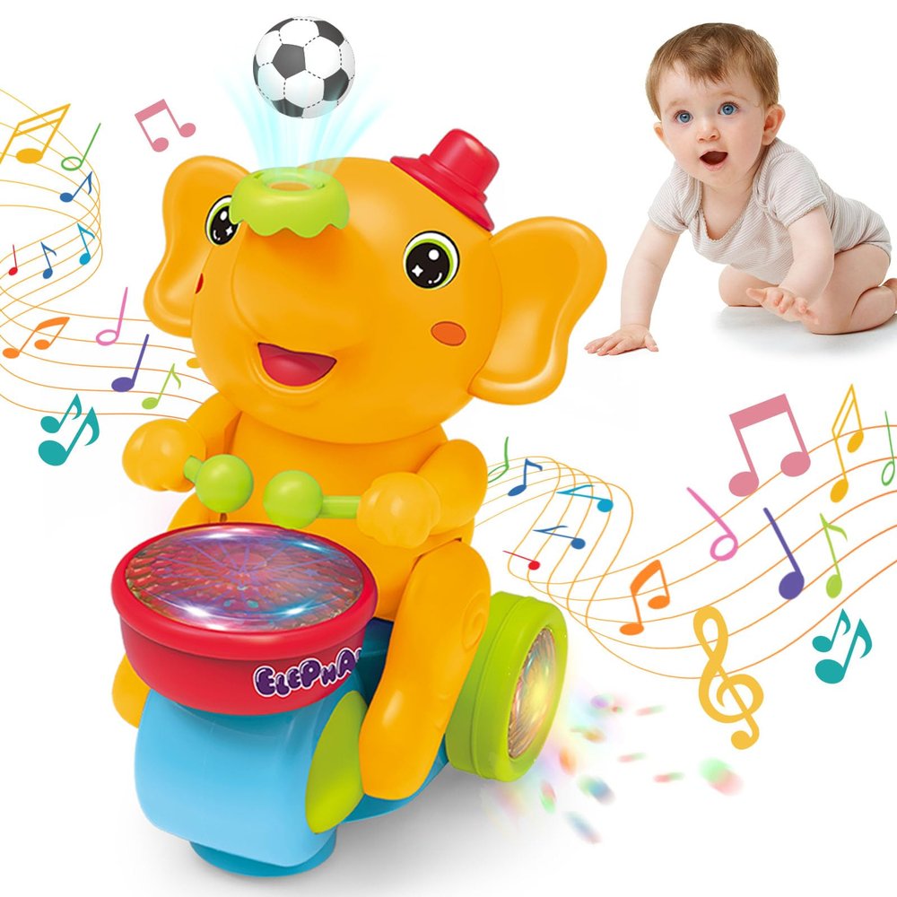 ARHEQI Baby Elephant Musical Crawling Toy with Lights, Sounds, Blowing Ball, Infant Sensory Toys, Birthday Gifts for Kids Boy Girl 3 4 5 6 7 8 Years (Yellow)