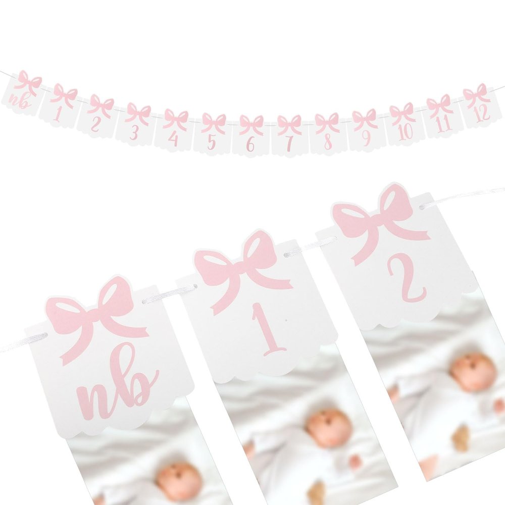 12 Months Pink Bow 1st Birthday Banner with Adhesives