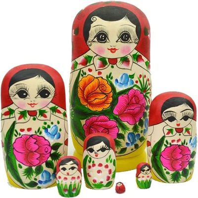 ZXZUCVE Nesting Doll Russian Dolls Wood to Paint Stacking Red Russian Stacking Dolls with Peony Flower Pattern Yellow Nesting Dolls 7 Piece Russian Dolls