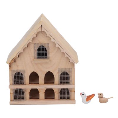 1:12 Scale Dollhouse Birdhouse, Wooden Miniature Birdhouse High Simulation Decoration Miniature Birdhouse Ornamental with 2 Birds 1 Sticker for Farm Dollhouse Accessory