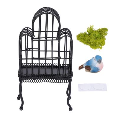 1:12 Scale Dollhouse Bird Cage Metal Miniature Bird Cage Realistic Opening Door Miniature Dollhouse Bird Cage with Fake Grass Bird Sticker (Black)