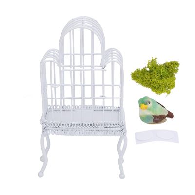 1:12 Scale Dollhouse Bird Cage Metal Miniature Bird Cage Realistic Opening Door Miniature Dollhouse Bird Cage with Fake Grass Bird Sticker (White)