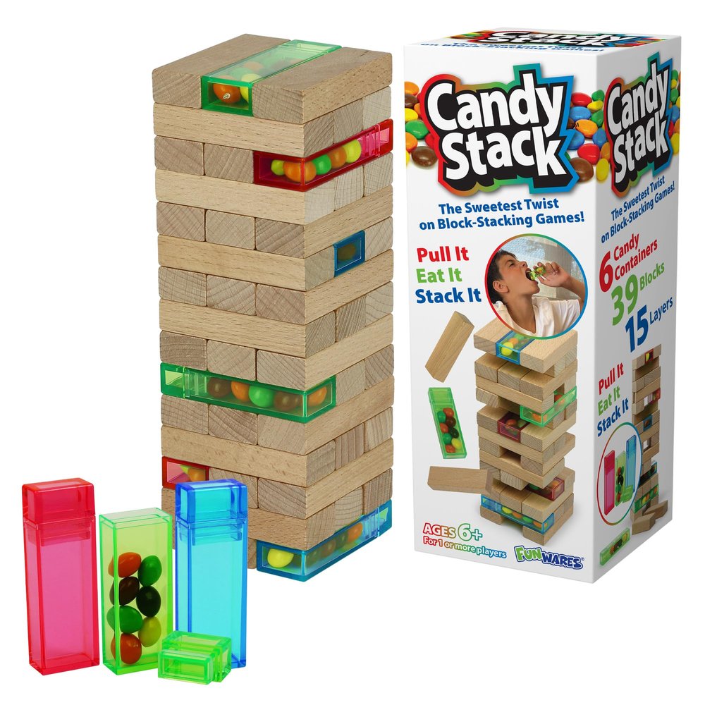 Funwares Candy Stack Wooden Blocks Stacking Game Adds a Candy Twist to Tumbling Towers, Family & Party Fun, Kids and Adults, Ages 6+