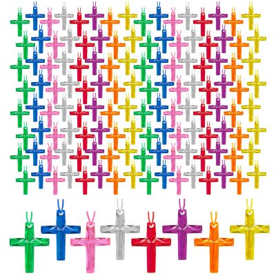 304 Pcs Crystal Cross Necklace Multicolor Cross Necklace Bulk Colored Cross Necklaces Plastic Crystal Cross Necklace Easter Egg Fillers for School Prizes Christian Religious Party Favors Supplies