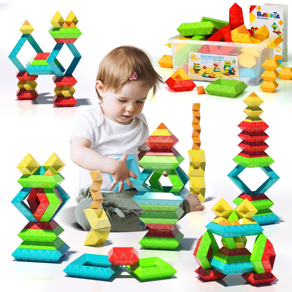 40Pcs Montessori Toys for Ages 3 4 5 6 Toddlers Kids Baby,Pyramid Stacking Building Toys,3D Preschool Learning Blocks for Kids,STEM Sensory Toy Gifts for 3-5 Year Old Boy Girl,Plastic Storage Box Set
