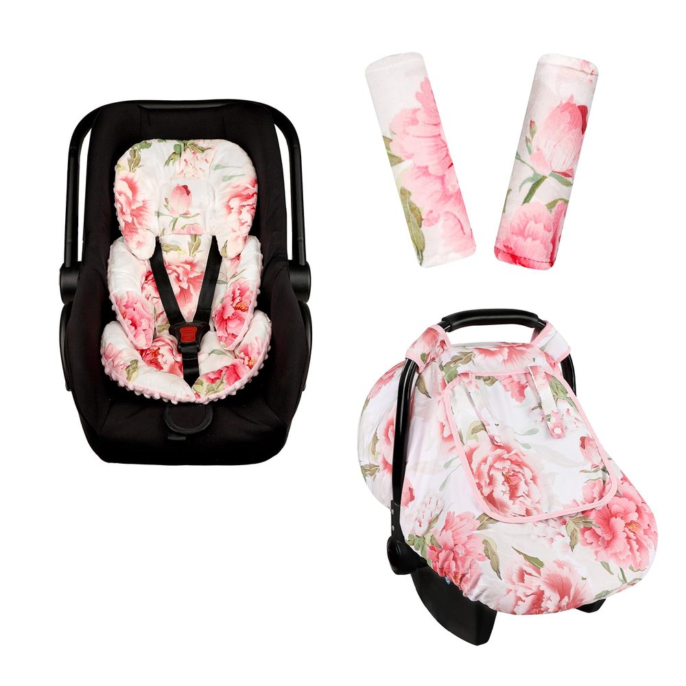 Car Seat Cover Baby, HNHUAMING Infant Car Seat Covers Canopy, Infant Car Seat Insert, Baby Car Seat Head & Body Support for Newborn, Car Seat Strap Pads for Baby Kids, Pink Foral