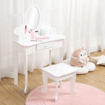 Kids Vanity with Mirror and Stool, Girls Vanity with Wood Makeup Playset, Princess Vanity Table for Toddlers, White