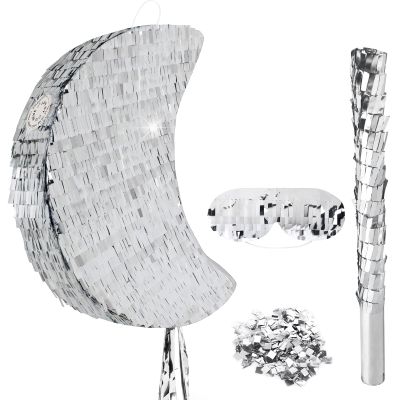 15Inch Moon Pinata Foil Silver Pull String Pinata with Stick & Blindfold for kids Birthday, Baby Shower Gender Reveal Party Decorations