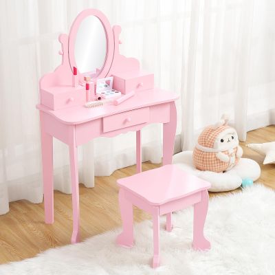 Kids Vanity with Mirror and Stool, Girls Vanity with Wood Makeup Playset, Princess Vanity Table for Toddlers, Pink