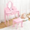 Kids Vanity with Mirror and Stool, Girls Vanity with Wood Makeup Playset, Princess Vanity Table for Toddlers, Pink view 1