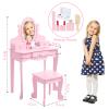 Kids Vanity with Mirror and Stool, Girls Vanity with Wood Makeup Playset, Princess Vanity Table for Toddlers, Pink view 3