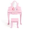 Kids Vanity with Mirror and Stool, Girls Vanity with Wood Makeup Playset, Princess Vanity Table for Toddlers, Pink view 4