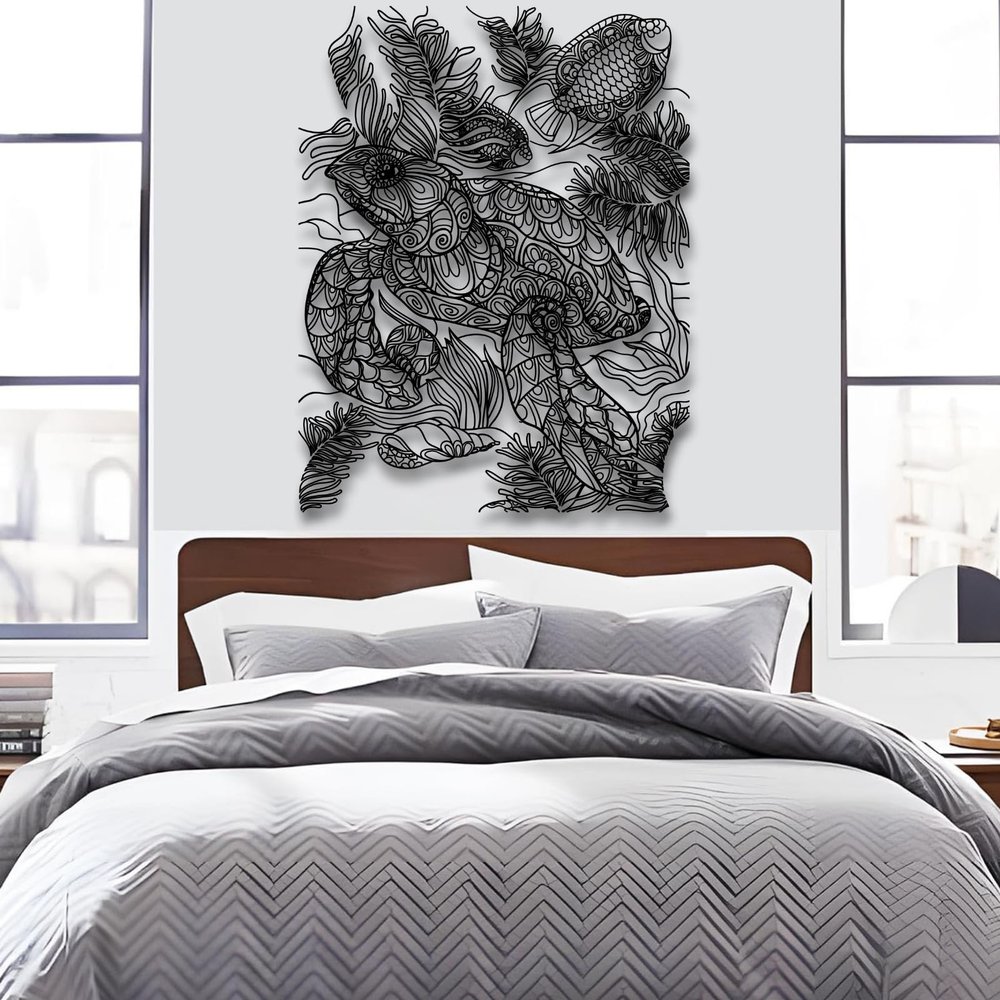 Metal Sea Turtle Wall Decor, Sea Turtle Metal Wall Art, Metal Fish Wall Decor, Ocean Metal Wall Art, Sealife Wall Art, Metal Wall Art for Living Room, Bed Room, Bathroom, Office (Black, 7659 cm / 3023 in)