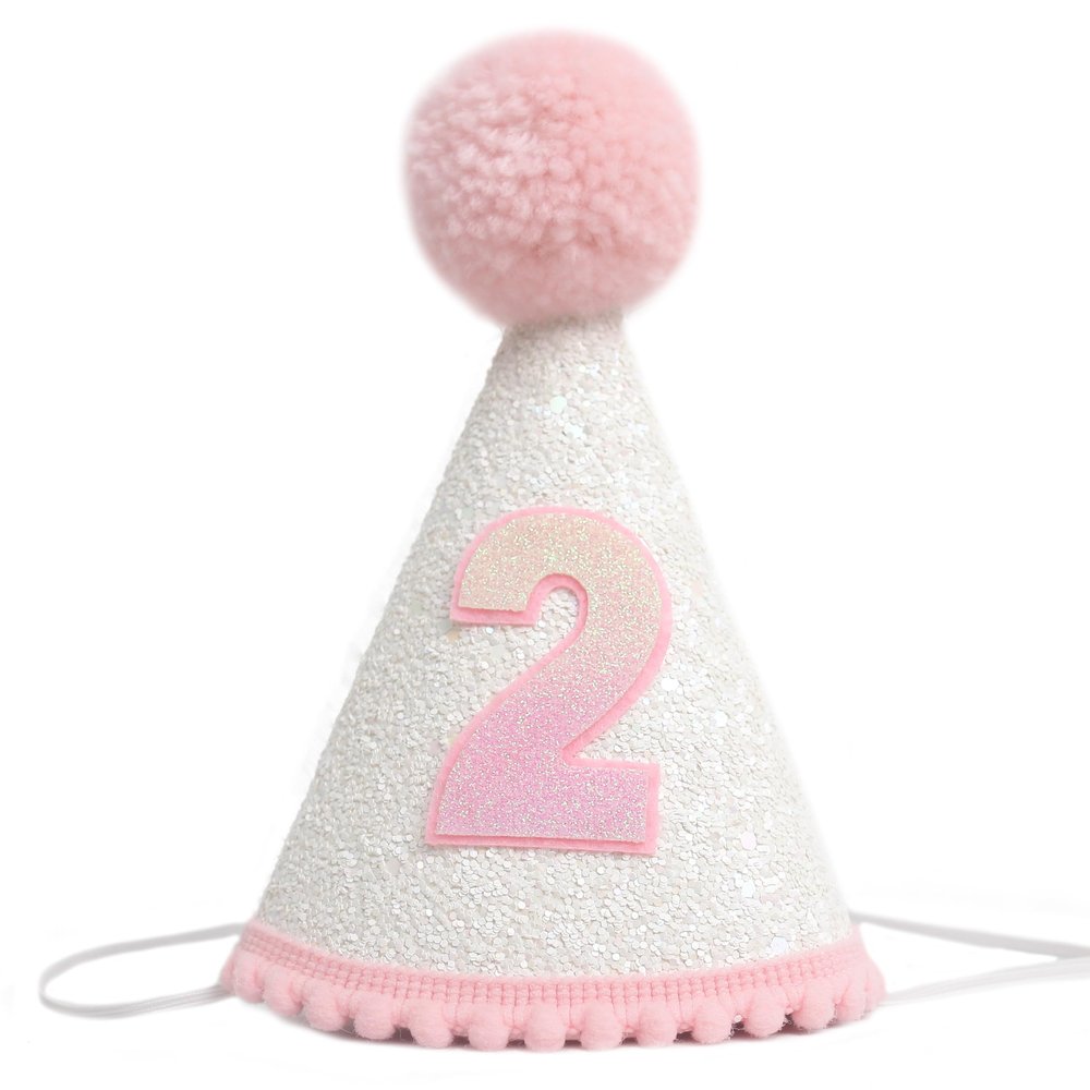 2nd Birthday Hat For Baby Girls, Pink Two Year Old Crown, Glitter Hat With Pink Topper, Decoration For Girls, Second Cake Smash Props