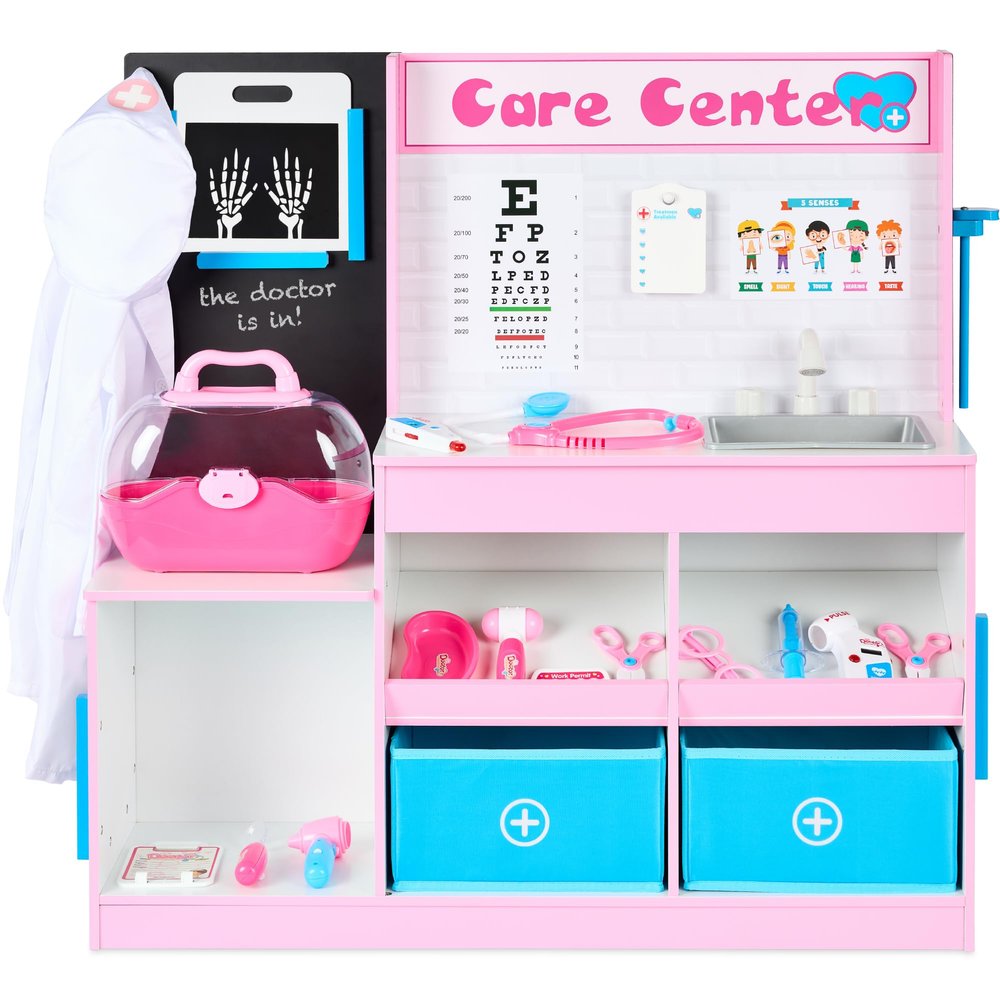 Best Choice Products Pretend Play Doctor's Office, Wooden Medical Center Toy Set for Kids w/Carrying Case, All Accessories Included, Height Measurer, 2-Piece Costume - Pink