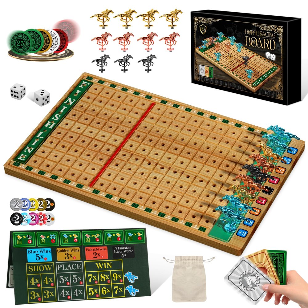 Premium Horse Racing Game with Cards and Dice, Horse Race Betting Board Game for Adult, Thickened Solid Wood with 143 Chips, 9 Metal Horses, Bet Board & Tokens & Cards, Rich Props for Enhanced Fun