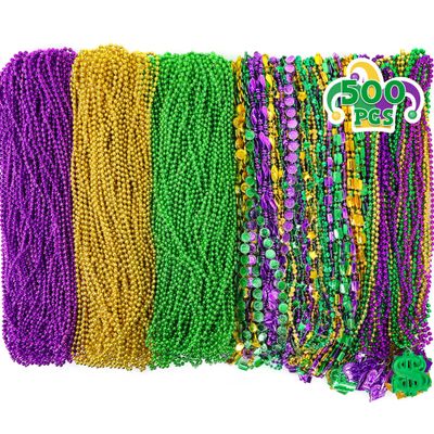 500 Pcs Mardi Gras Beads Necklace Bulk, Purple Gold Green Beads Necklaces Assortment for Carnival Decor, 9 Styles Metallic Mardi Gras Necklaces for Carnival Parade Throws Carnival Costume Party