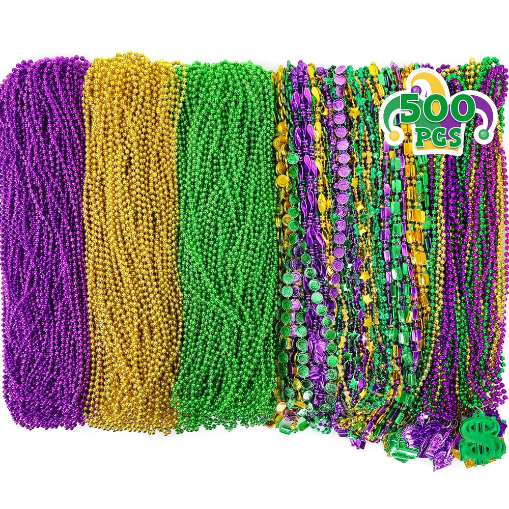 500 Pcs Mardi Gras Beads Necklace Bulk, Purple Gold Green Beads Necklaces Assortment for Carnival Decor, 9 Styles Metallic Mardi Gras Necklaces for Carnival Parade Throws Carnival Costume Party