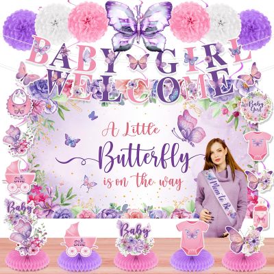 23pcs Butterfly Baby Shower Decorations for Girl Purple Baby Shower Butterfly Banner Backdrop Table Centerpieces Hanging Swirls Pompoms A Little Butterfly Is On The Way Butterfly Party Supplies