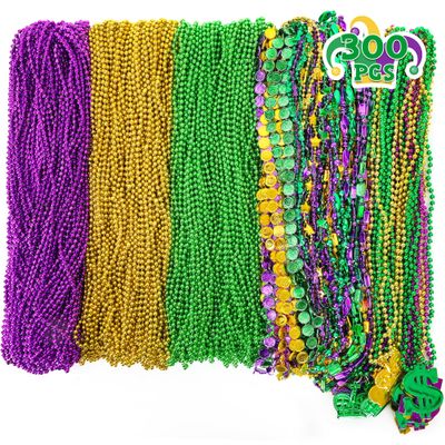300 PCS Purple Gold Green Mardi Gras Beads Bulk, 9 Styles Beads Necklaces Assortment for Mardi Gras Decorations, Mardi Gras Beads Necklaces for Mardi Gras Parade Throws Masquerade Party Accessories