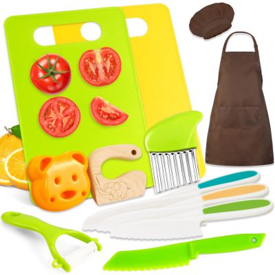 12PCS Kids Knife Set for Real Cooking with Kids Apron, Kids Cooking Sets Real, Toddler Kitchen Tools with Kids Cutting Board and Knife Set, Toddler Cooking Set for Girl Boy