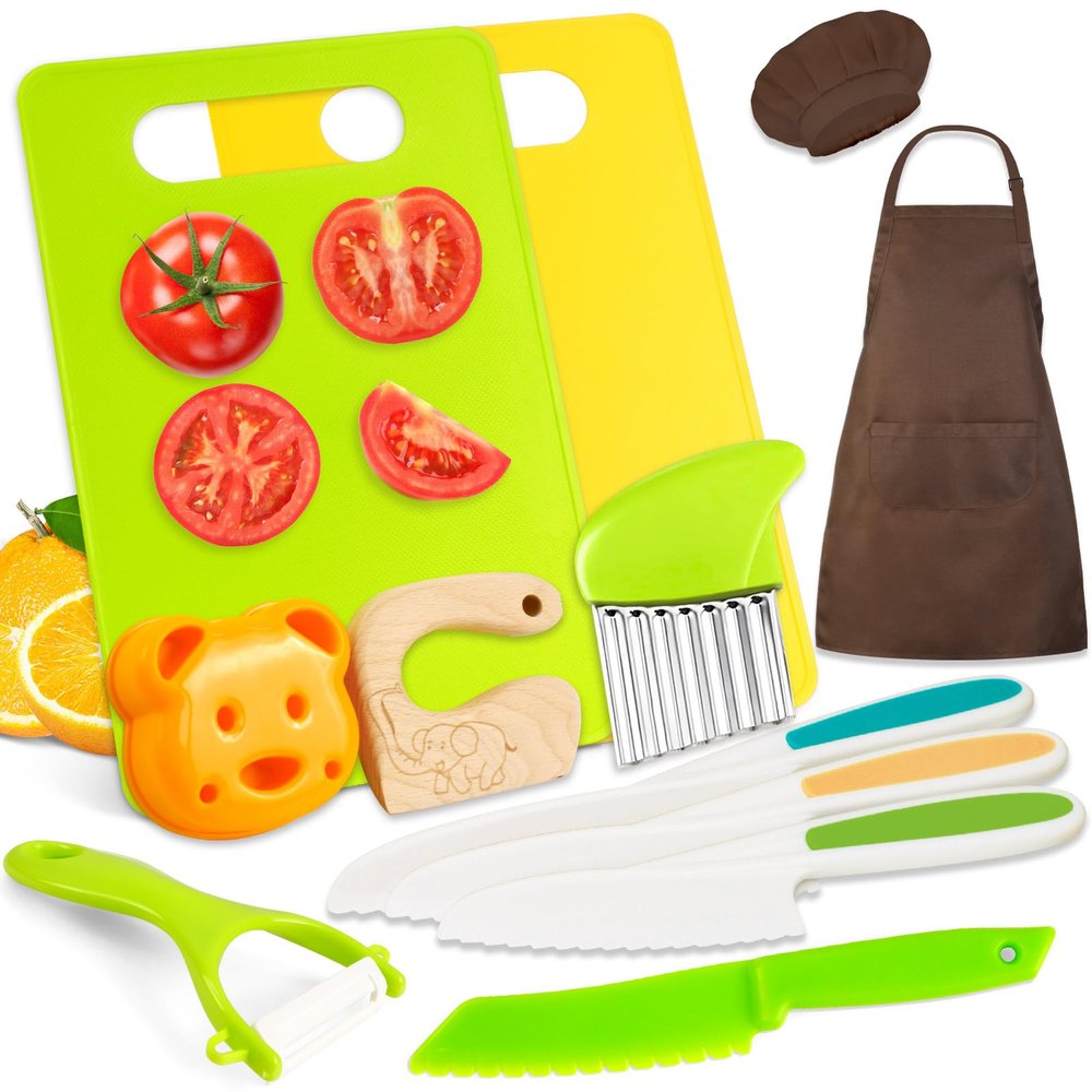 12PCS Kids Knife Set for Real Cooking with Kids Apron, Kids Cooking Sets Real, Toddler Kitchen Tools with Kids Cutting Board and Knife Set, Toddler Cooking Set for Girl Boy