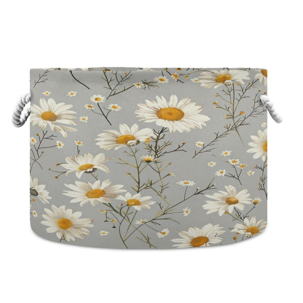 GOODOLD White Daises Grey Extra Large Storage Basket Decorative Laundry Basket with Handles, Rope Basket for Clothes, Blanket, Towel, 20 x 14 Inch
