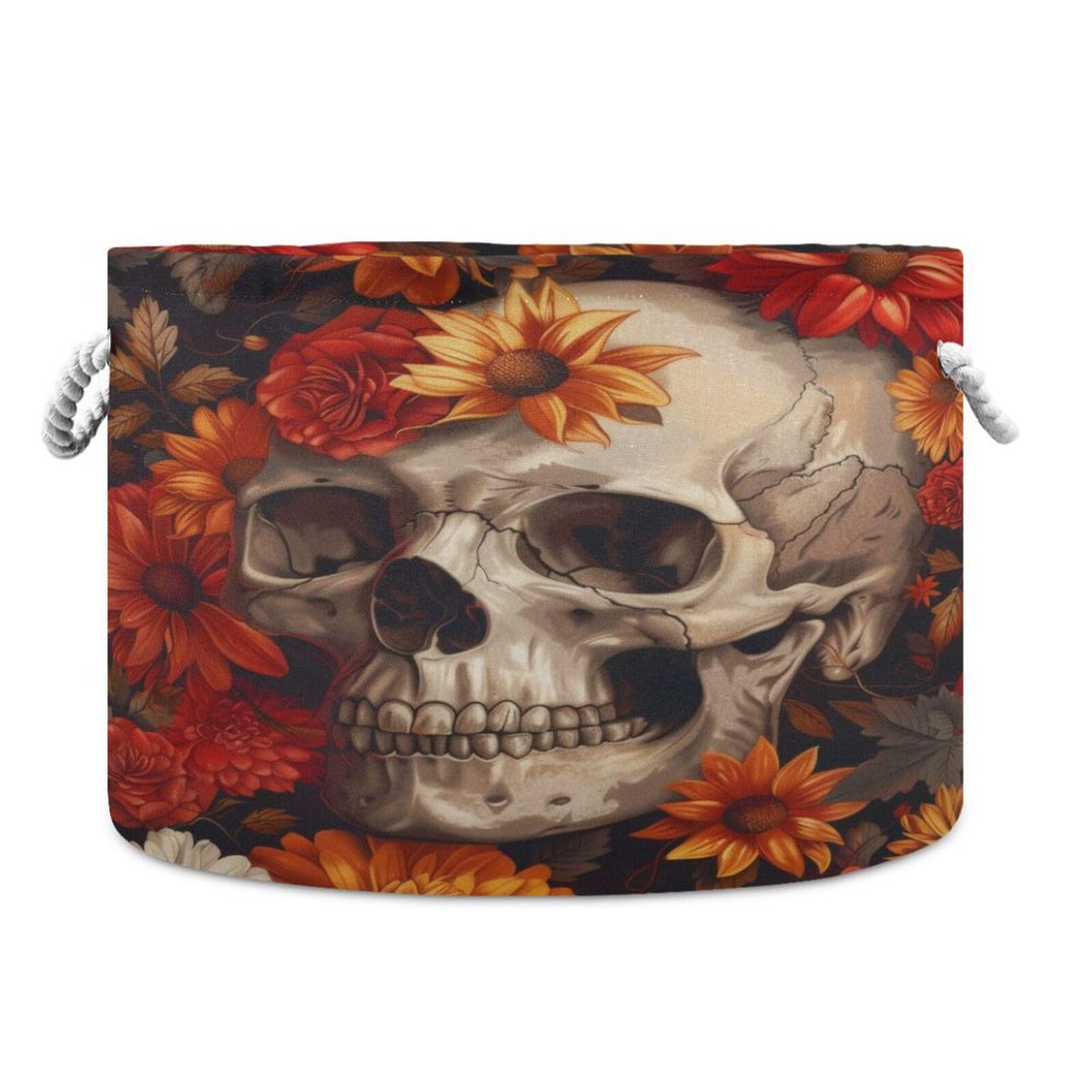 GOODOLD Skull with Flower Extra Large Storage Basket Decorative Laundry Basket with Handles, Rope Basket for Clothes, Blanket, Towel, 20 x 14 Inch