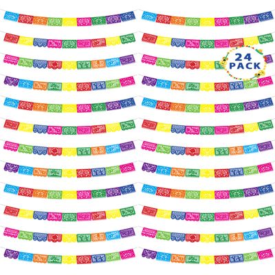 24 Pack Mexican Party Decorations, 432 FT Fiesta Banner Cinco De Mayo Party Banner Plastic Papel Picado Mexican Themed Party Banner Flags Colorful Indoor Outdoor Dia De Los Muertos Home Decor