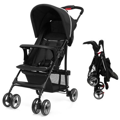 GLACER Lightweight Baby Stroller, One-Hand Folding Travel Stroller w/Adjustable Canopy & Backrest, Portable Compact Infant Stroller with 5-Point Harness, Food Tray & Large Storage Basket (Black)