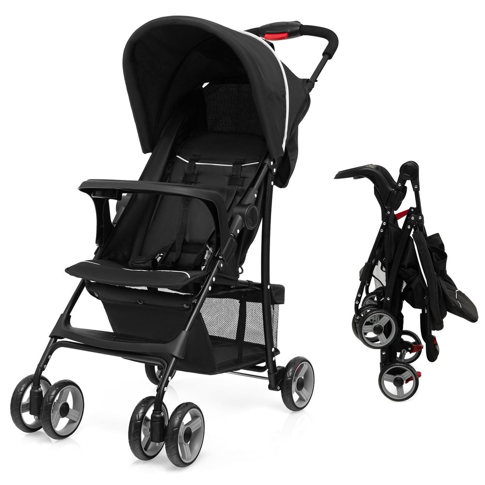 GLACER Lightweight Baby Stroller, One-Hand Folding Travel Stroller w/Adjustable Canopy & Backrest, Portable Compact Infant Stroller with 5-Point Harness, Food Tray & Large Storage Basket (Black)