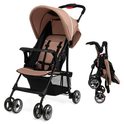 GLACER Lightweight Baby Stroller, One-Hand Folding Travel Stroller w/Adjustable Canopy & Backrest, Portable Compact Infant Stroller with 5-Point Harness, Food Tray & Large Storage Basket (Coffee)