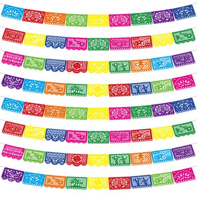 144FT Cinco De Mayo Party Decorations, 8 Pack Fiesta Banner with 9 Plastic Papel Picado, Colorful Mexican Theme Party Flag Banner Dia De Los Muertos Day of the Dead Hanging Decor Home Party Supplies