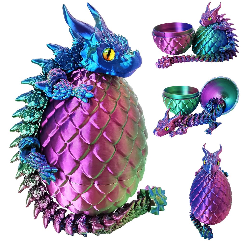 3D Printed Dragon Eggs with Dragon Inside, Large Articulated Dragons Toys with Eyes, Animal Fidget Toy Easter Surprise Eggs Home Decor Executive Desk Toy, Easter Gift for Kids (Red+Blue+Green)
