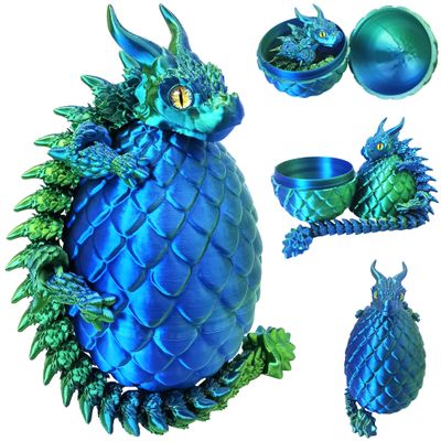 3D Printed Dragon Eggs with Dragon Inside, Large Articulated Dragons Toys with Eyes, Animal Fidget Toy Easter Surprise Eggs Home Decor Executive Desk Toy, Easter Gift for Kids (Blue+Green)
