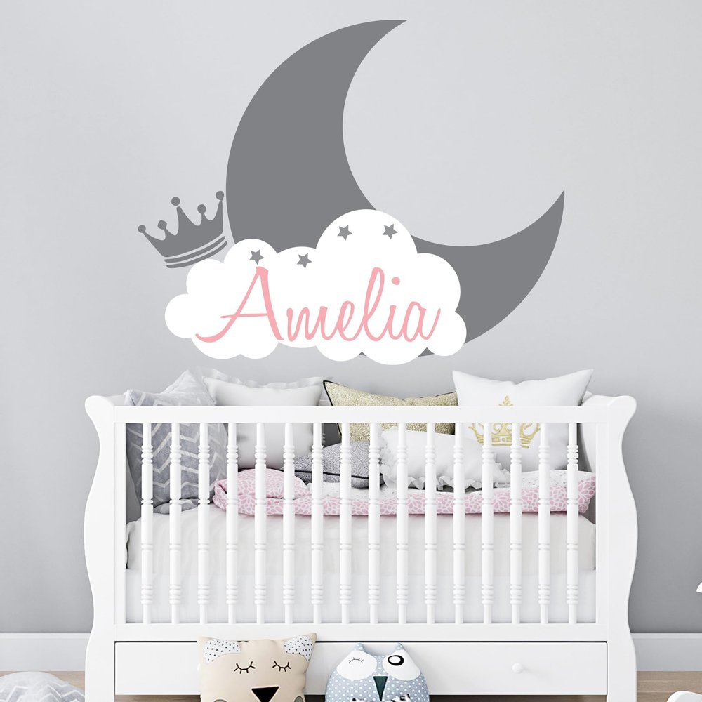 Personalized Name Moon & Cloud Wall Decal - Custom Baby Nursery Sticker - Peel and Stick Mural for Girls & Boys Room - Removable Vinyl Art Decor - Mural Decal for Nursery Decor (Wide 15"x12" Height)