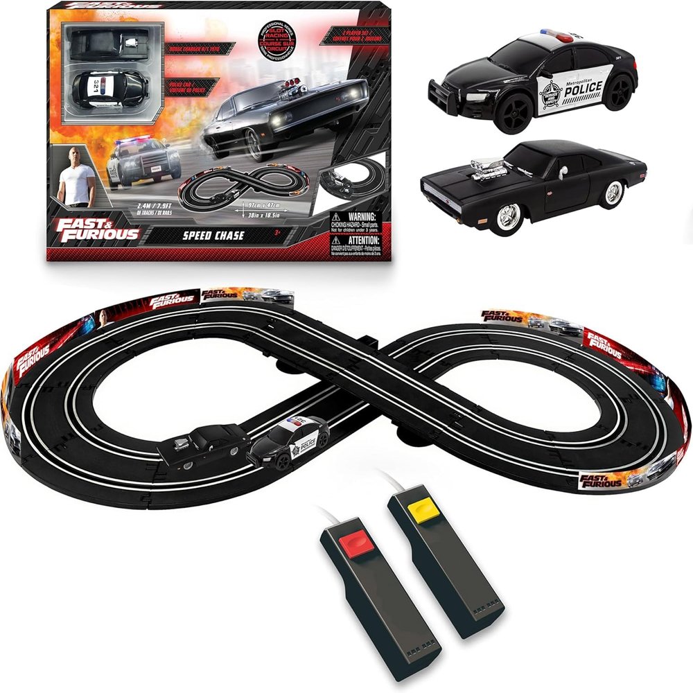 Fast & Furious Speed Chase Electric Racetrack Slot Car Set, 2X 1:43 Replica Cars, Eight Figure Track 2.4M / 7.9FT Racetrack for Kids, Ages 3+